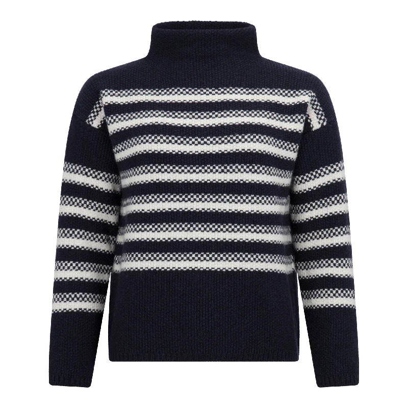 Navy and Cream Stripe Mock Neck Sweater