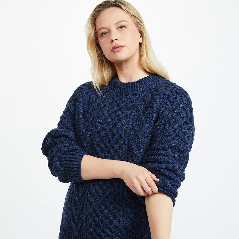 Navy Hand Knit Unisex Crew Neck Aran Sweater