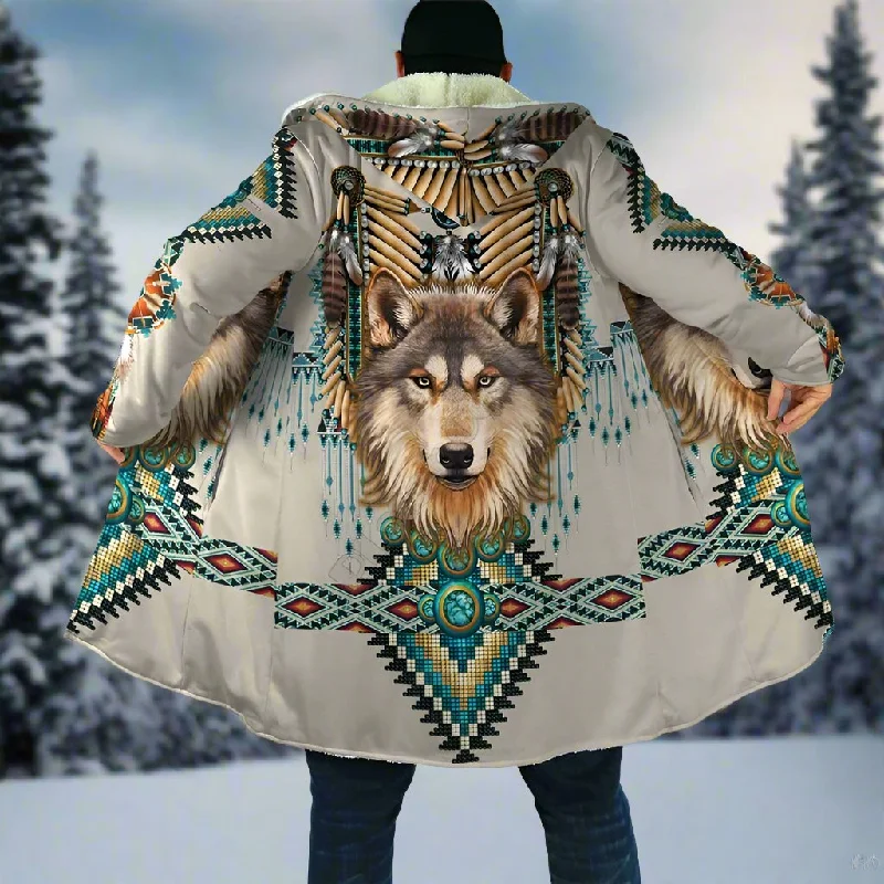 Wolf Tribal Native Thick Fleece Hooded Coat Free Fast delivery