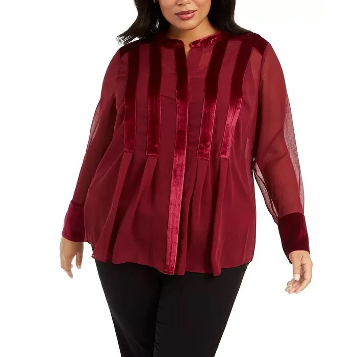 Alfani Women's Plus Velvet Trim Blouse Wine Size 1X