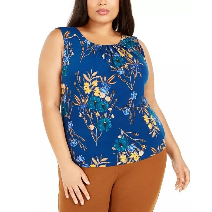 Calvin Klein Women's Plus Floral Printed Pleated Top Medium Blue Size 3X