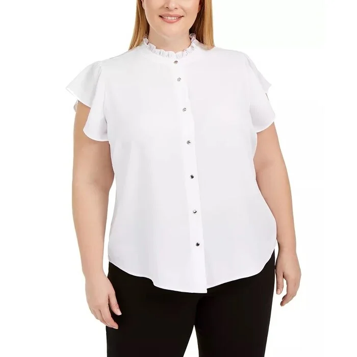 Calvin Klein Women's Plus Ruffled Neck Button Up Blouse White Size 3X