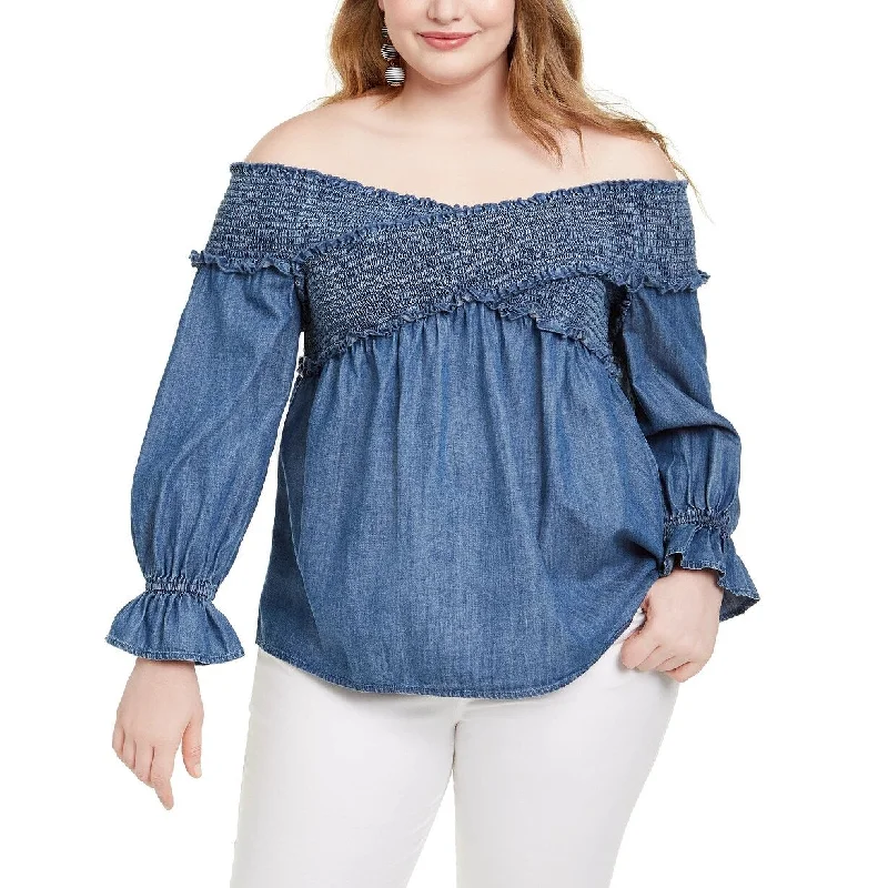 INC International Concepts Women's Plus Shirred Bell Sleeve Top Blue Size 2X