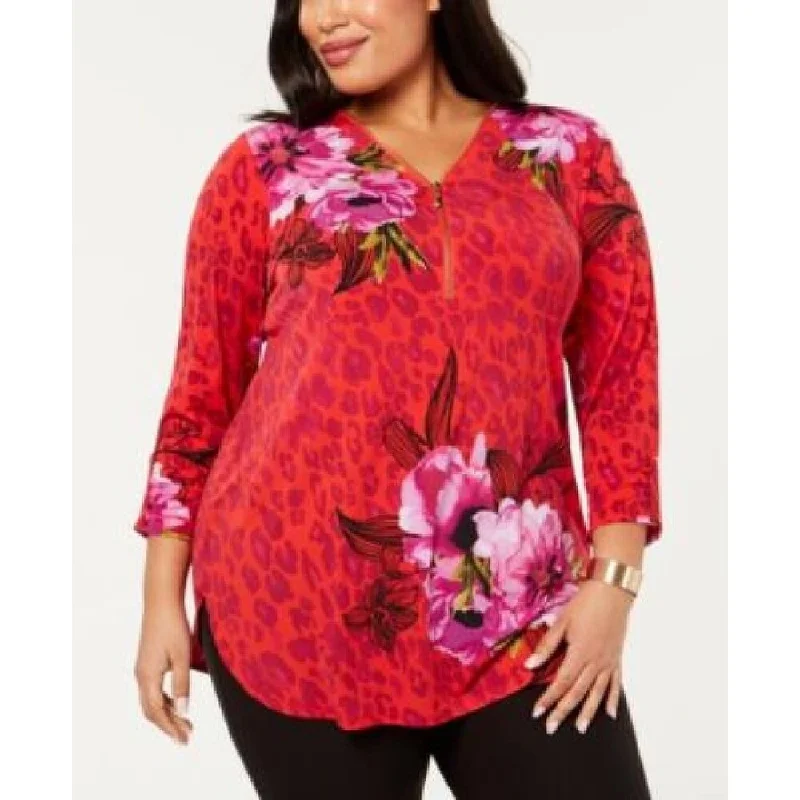 JM Collection Women's Plus Half Zip Floral Stretch Blouse Size 3 Extra Large - Red - XXX-Large