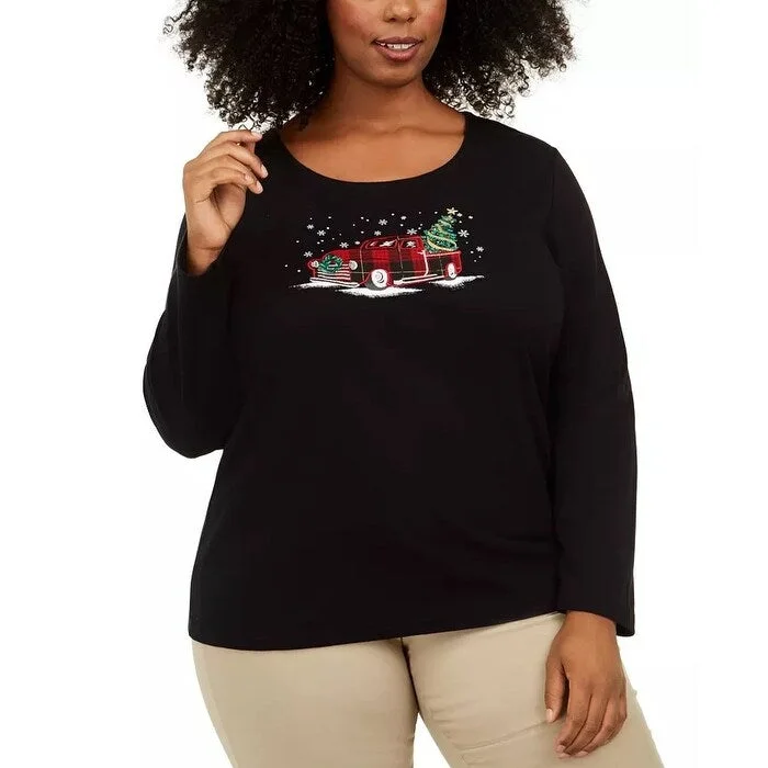 Karen Scott Women's Plus Holiday Truck Cotton Top Black Size 2X