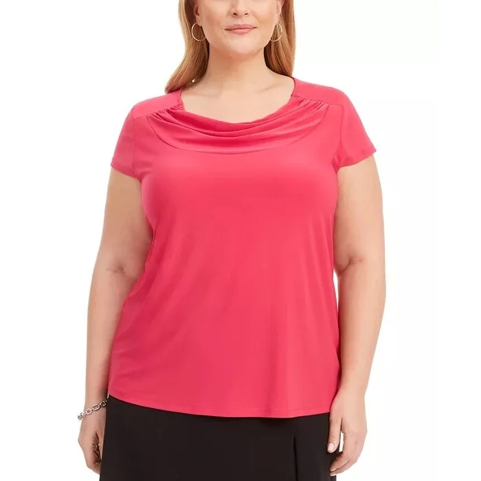 Kasper Women's Plus Cowlneck Solid Stretch Top Bright Pink Size 2X