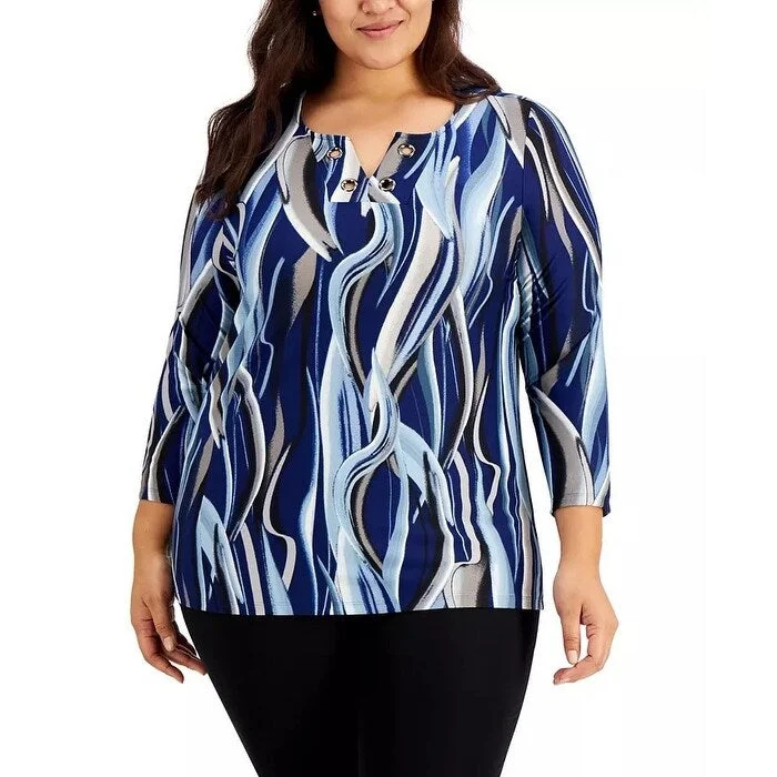 Kasper Women's Plus Printed Grommet Trim Blouse Blue Size 1X