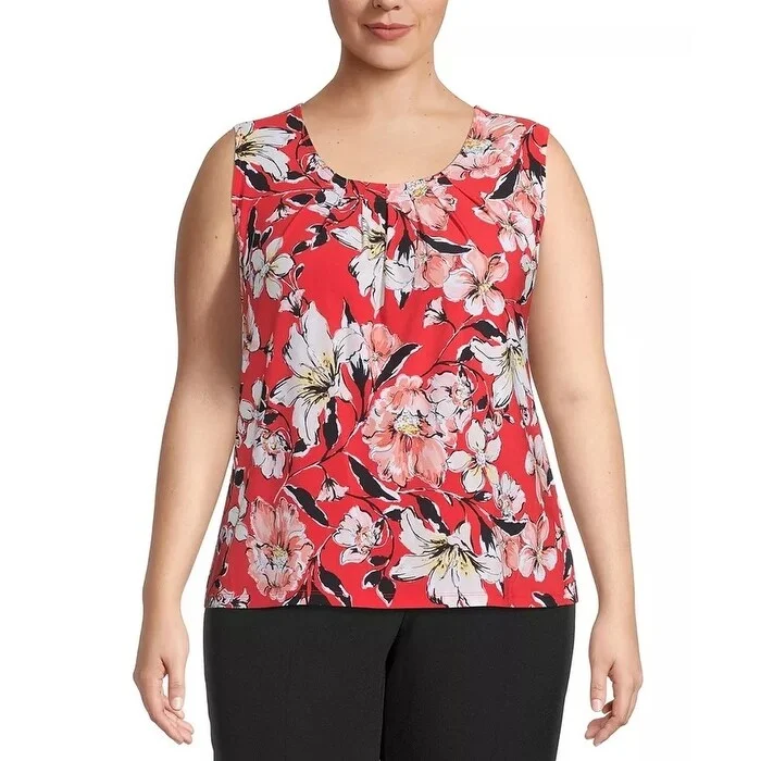 Kasper Women's Plus Printed Pleat-Neck Top Bright Red Size 1X