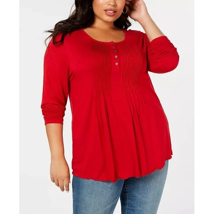 Style & Co Women's Plus Pintuck Top Red Size 1X