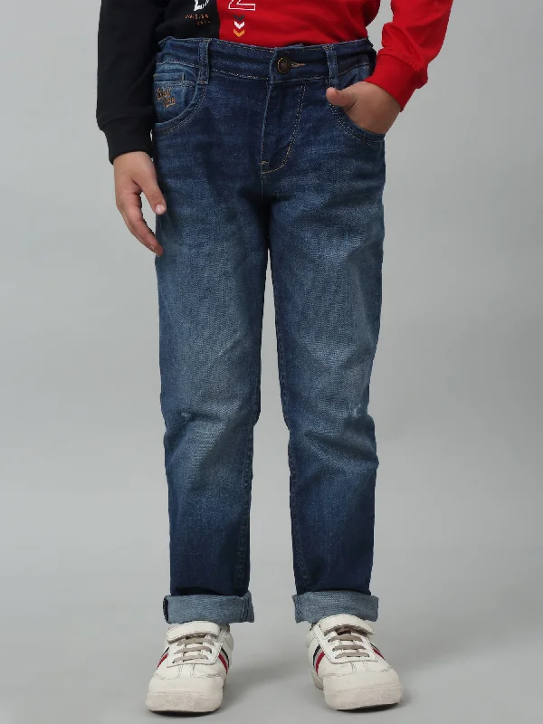 Boys Black Solid Cotton Denim Flat Front Mid Rise Full Length Casual Jeans