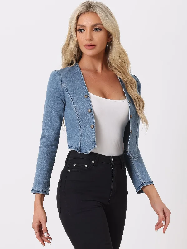 Collarless Open Front Casual Crop Denim Jacket