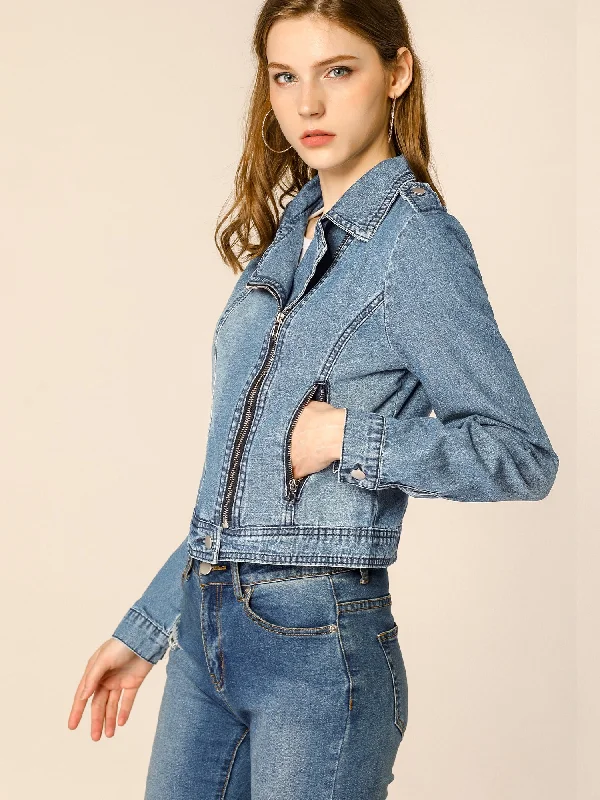 Biker Notched Lapel Asymmetric Zip Moto Denim Jackets