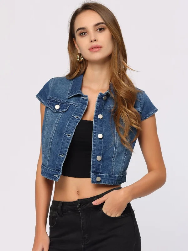 Summer Button Down Cap Short Sleeve Cropped Jean Denim Jacket