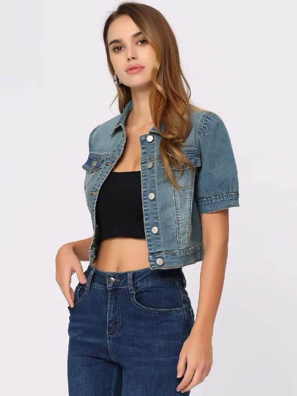 Casual Button-Down Puff Long Sleeve Crop Denim Jacket