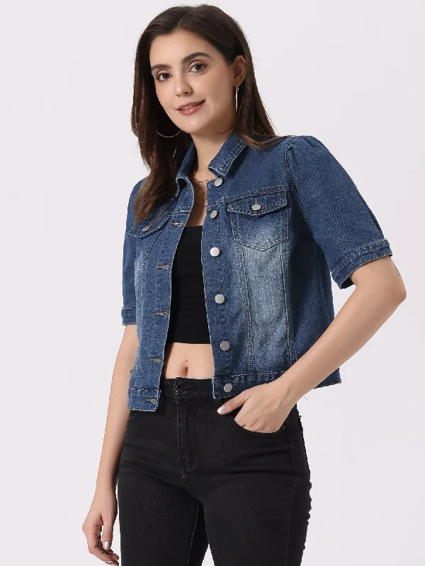 Casual Short Puff Sleeves Button-Down Jean Denim Jacket