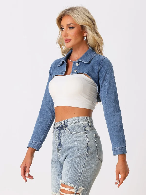 Button Up Long Sleeve Cropped Denim Jean Jacket Shrug