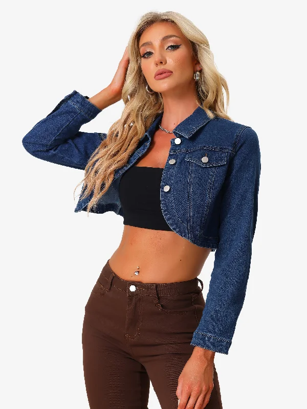 Collared Button Down Long Sleeve Denim Crop Jean Jacket