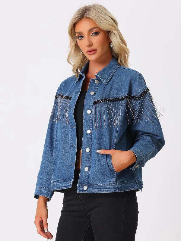 Beads Fringe Denim Button Front Western Cowgirl Tassel Jean Jackets