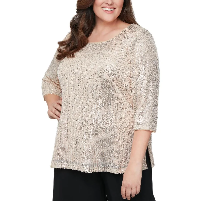 Alex Evenings Womens Plus Sequined Wideneck Blouse