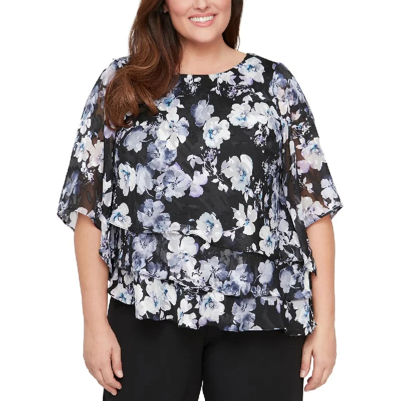 Alex Evenings Womens Plus Tiered Floral Print Blouse