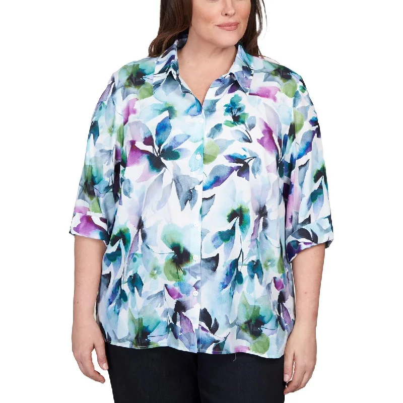 Alfred Dunner Womens Plus Floral Print 3/4 Sleeve Button-Down Top