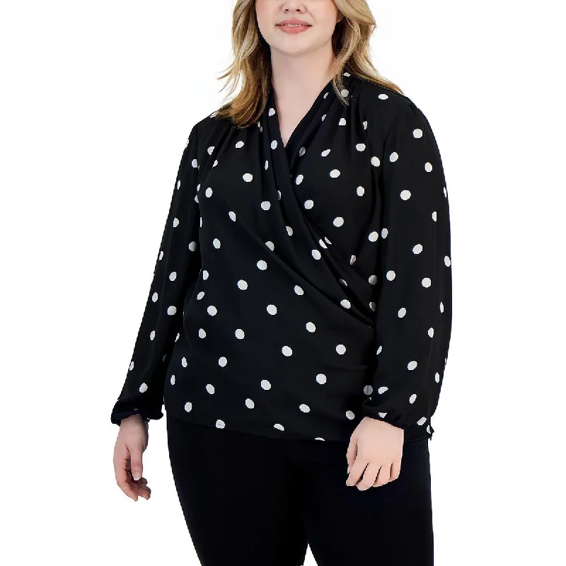 Anne Klein Womens Plus Chiffon Polka Dot Blouse