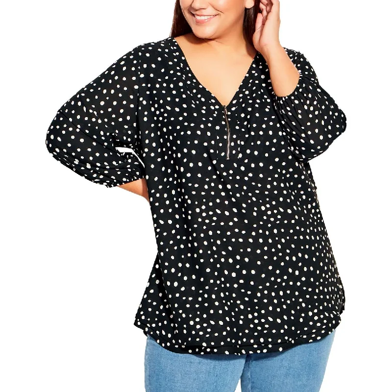 Avenue Womens Plus Polka Dot 1/4 Zip Blouse