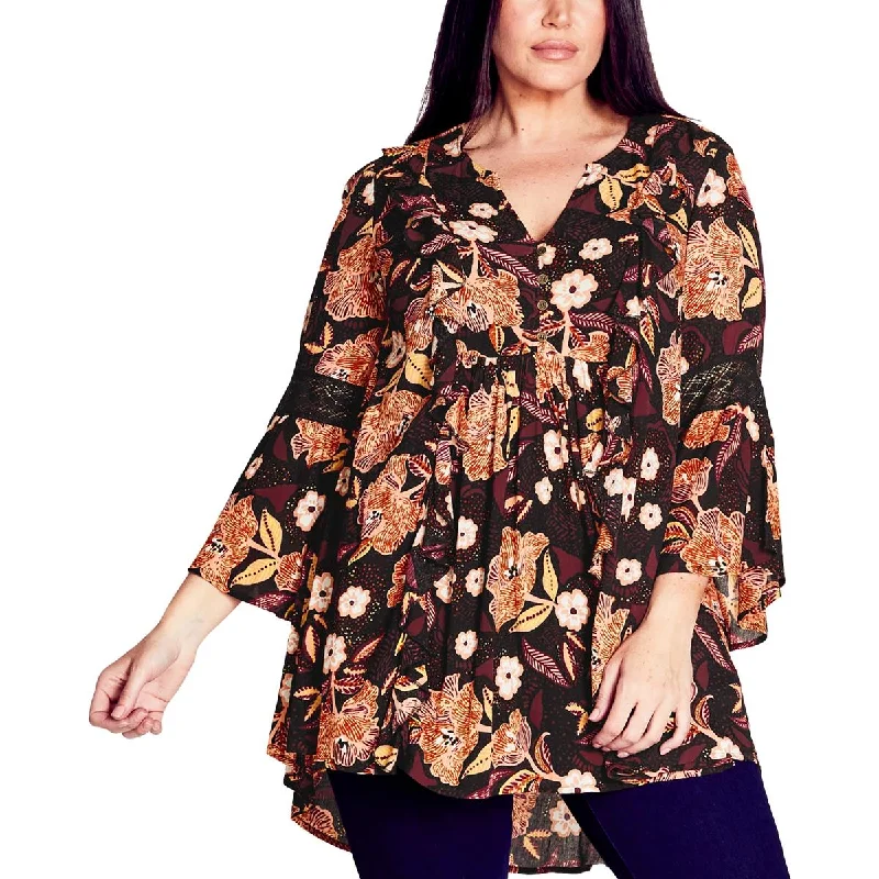 Aveology Womens Plus   Ruffle Floral Button-Down Top