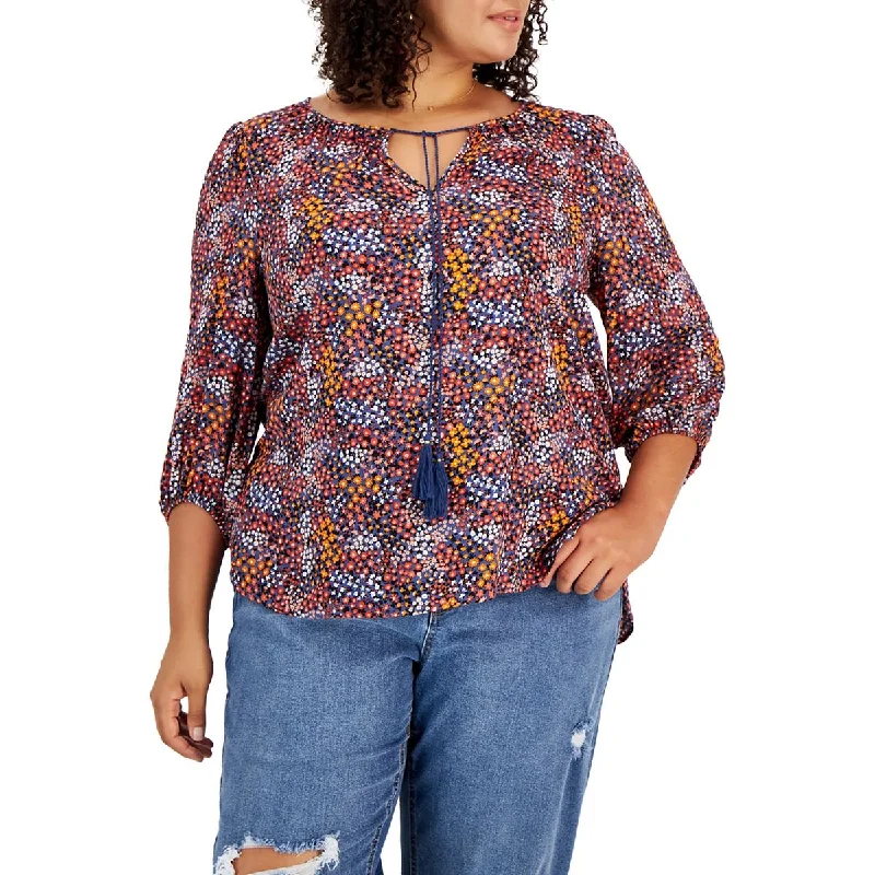 Bar III Womens Plus Floral Print Tassel Blouse