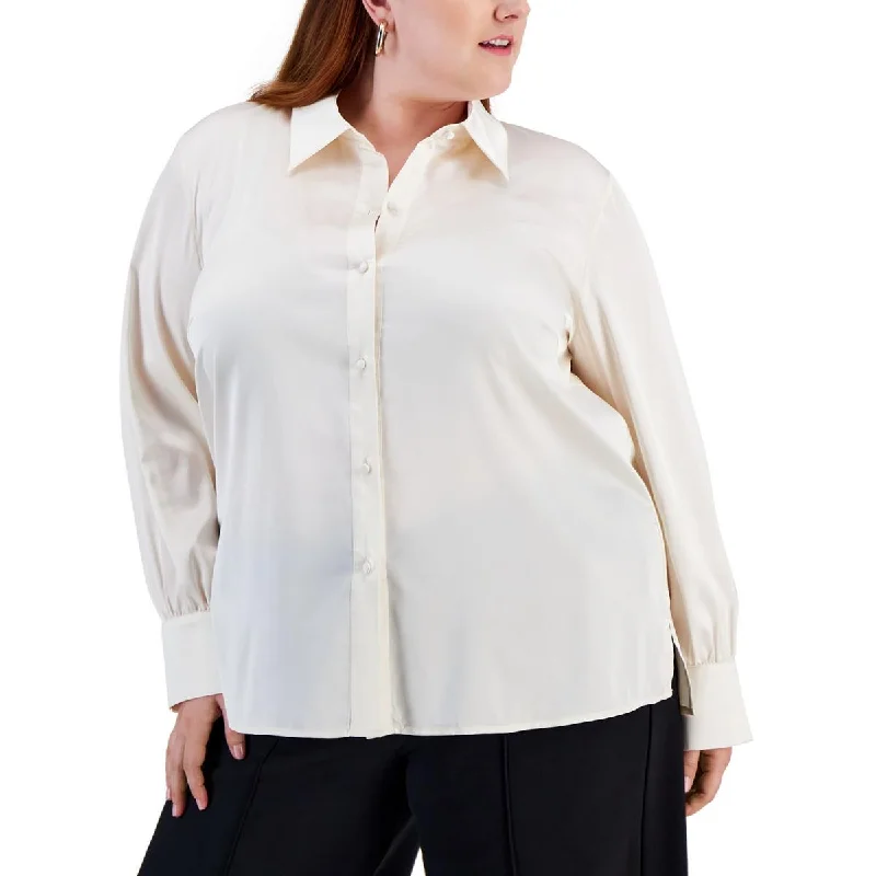 Bar III Womens Plus Satin Collared Button-Down Top