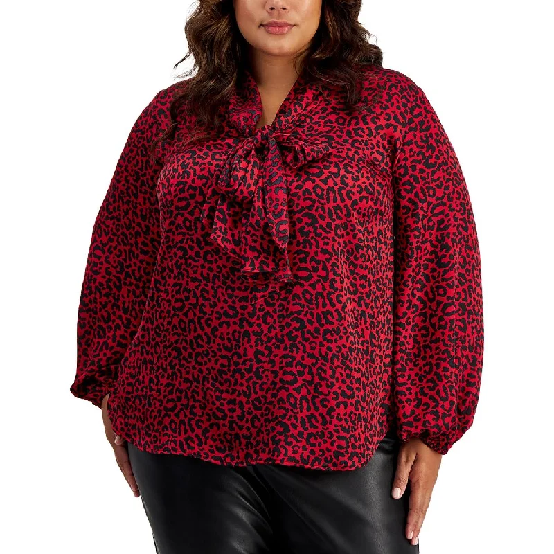 Bar III Womens Plus Tie Neck Animal Print Blouse