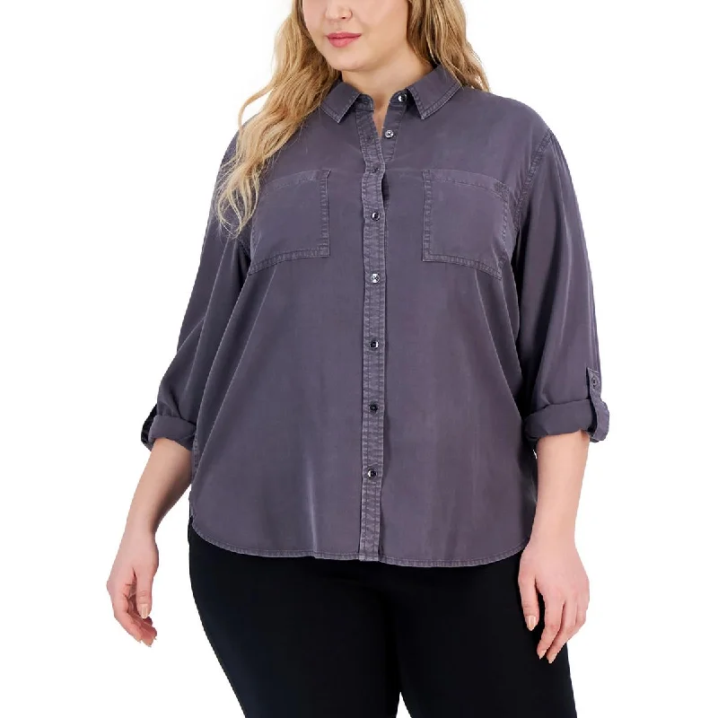 Calvin Klein Jeans Womens Plus Tencel Collared Button-Down Top