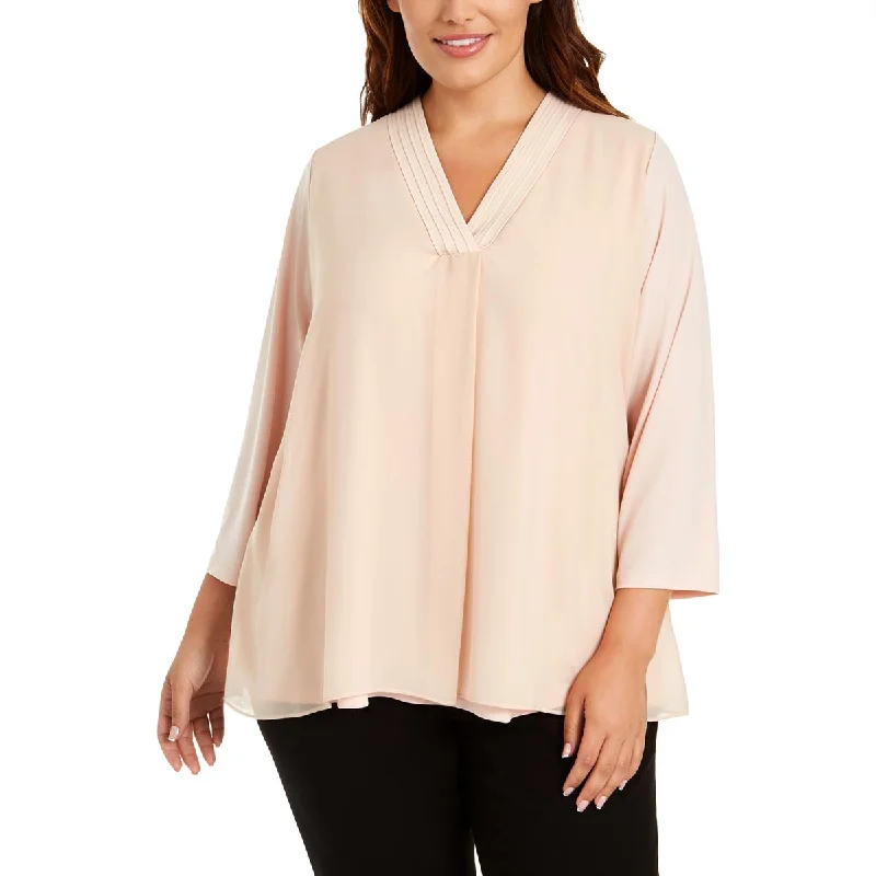 Calvin Klein Womens Plus Chiffon Overlay Pleated Top