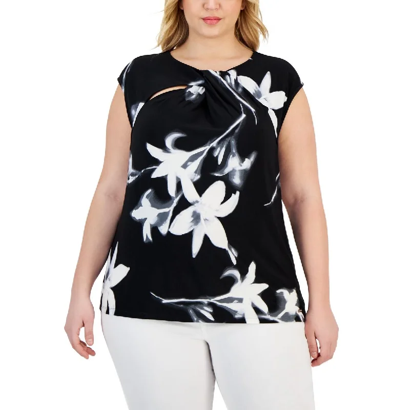 Calvin Klein Womens Plus Floral Print Cut-Out Blouse