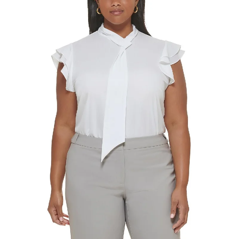 Calvin Klein Womens Plus Ruffled Tie-Neck Blouse