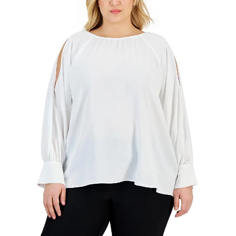 Calvin Klein Womens Plus Textured Cold Shoulder Blouse