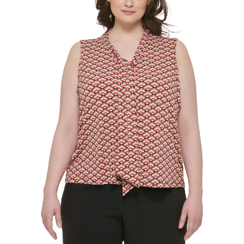 Calvin Klein Womens Plus Tie Neckline Printed Blouse