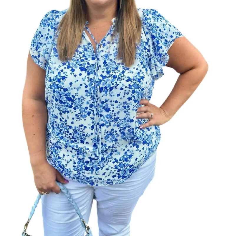 Camellia Floral Jewel Blouse - Plus In White/blue