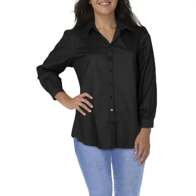 City Chic Womens Plus Collared 100% Cotton Button-Down Top