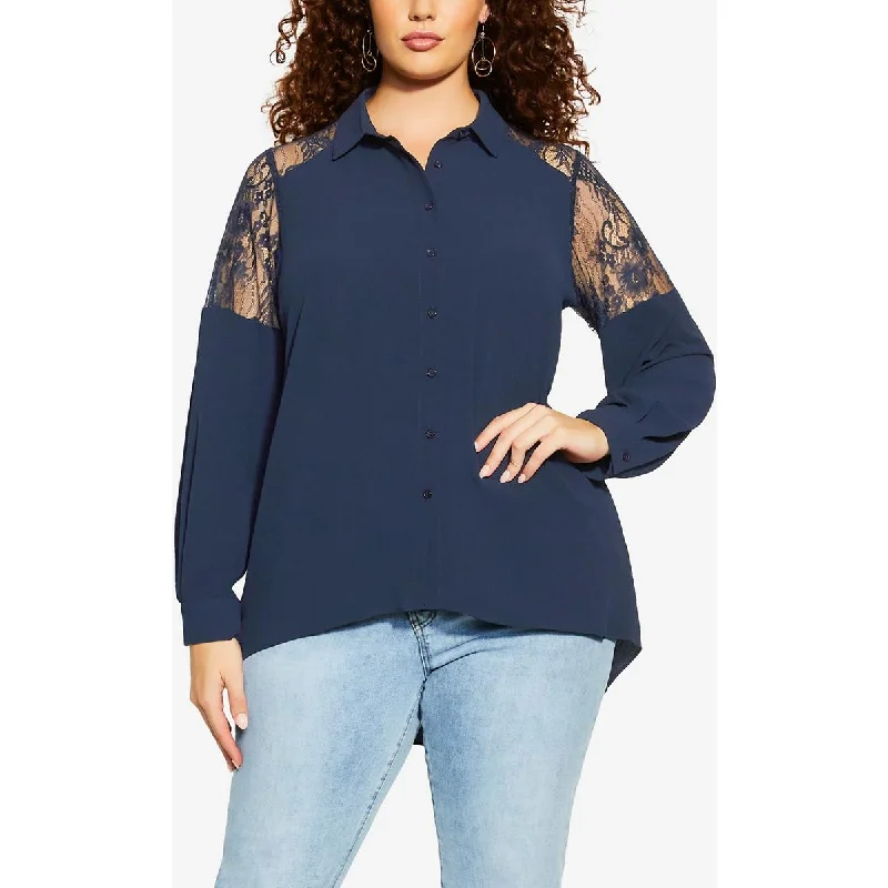 City Chic Womens Plus Lace  Button-Down Top