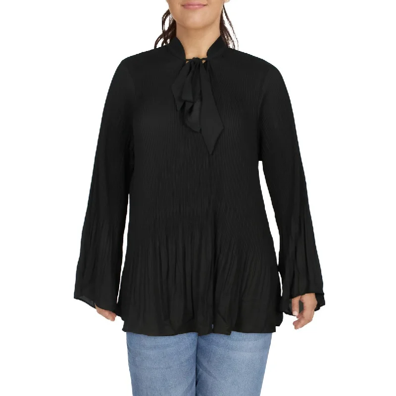 City Chic Womens Plus Tie Neck Pleated Blouse