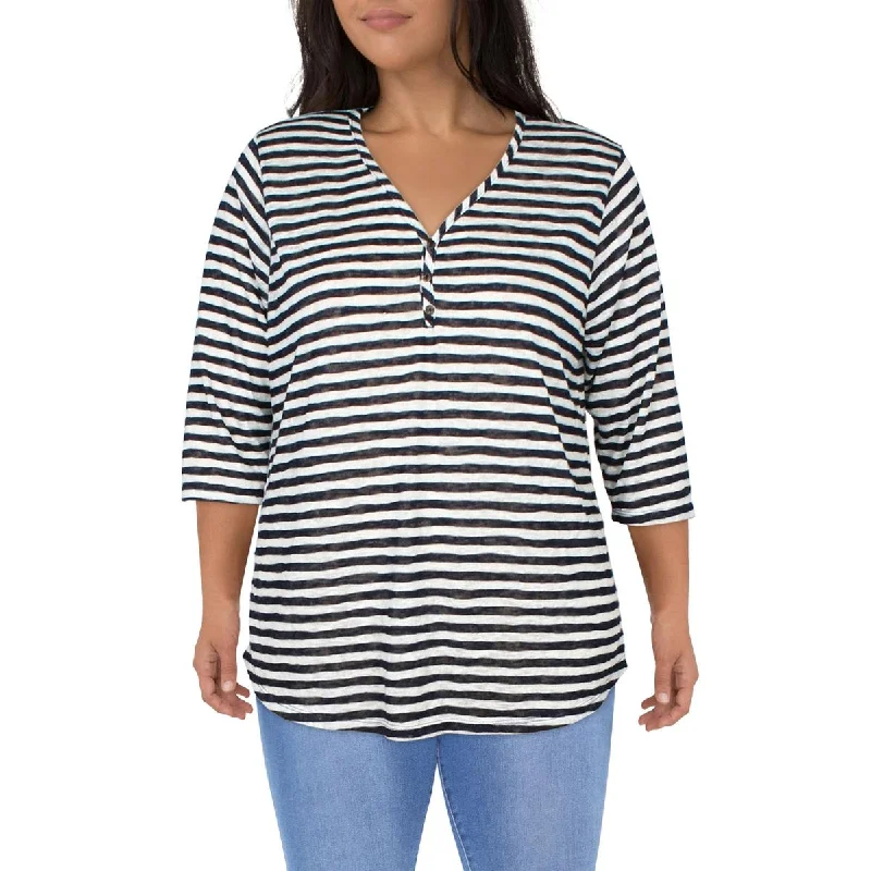 Coin 1804 Womens Plus Striped Casual Henley