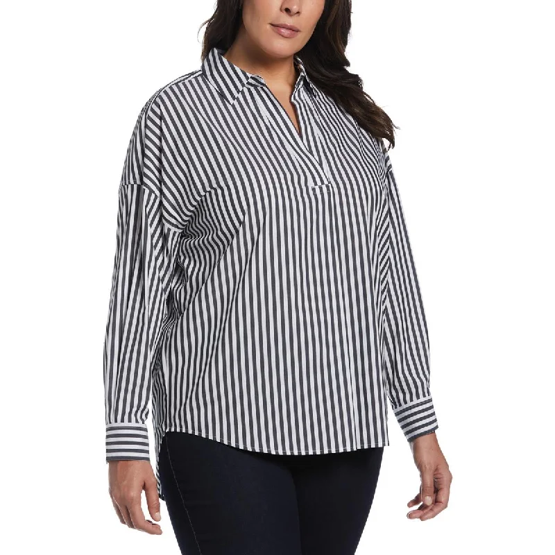 Ella Rafaella Womens Plus Cotton Split Neck Button-Down Top