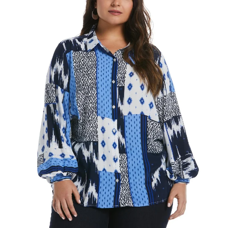 Ella Rafaella Womens Plus Printed  Button-Down Top