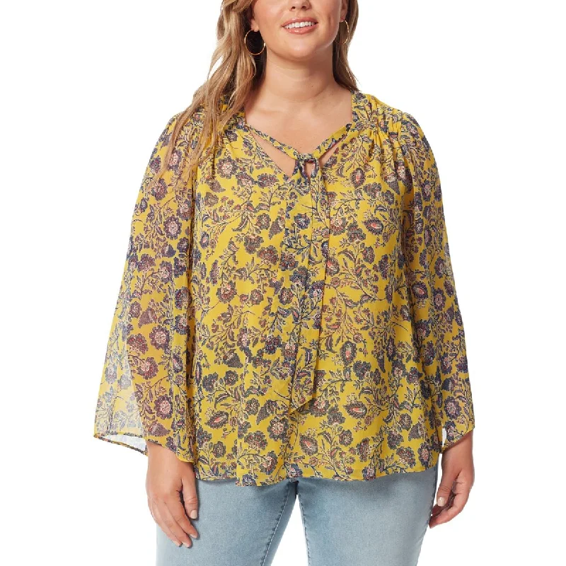 Jessica Simpson Womens Plus Floral Tie-Neck Blouse