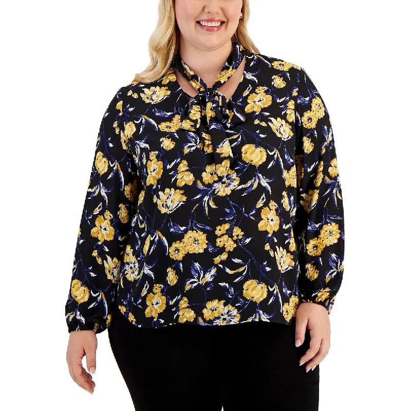 Kasper Womens Plus Floral Tie-Neck Blouse