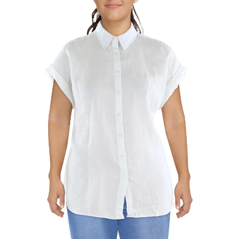 Lauren Ralph Lauren Womens Plus Linen Collared Button-Down Top