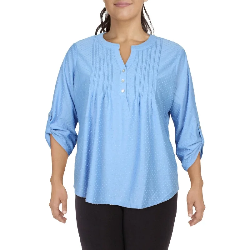 Notations Womens Plus Pintuck Swiss Dot Henley