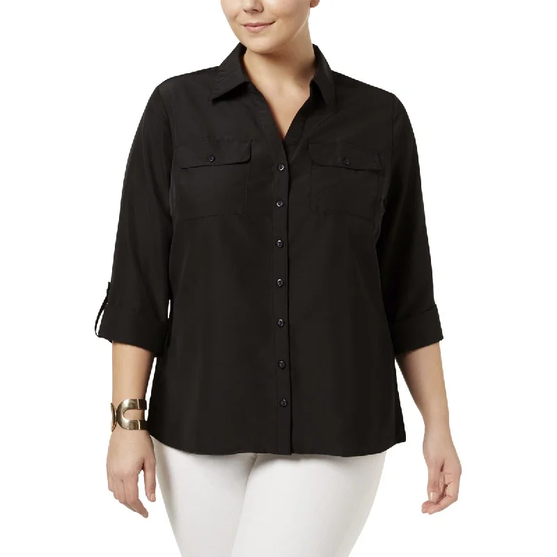 NY Collection Womens Plus Collared Office Wear Button-Down Top