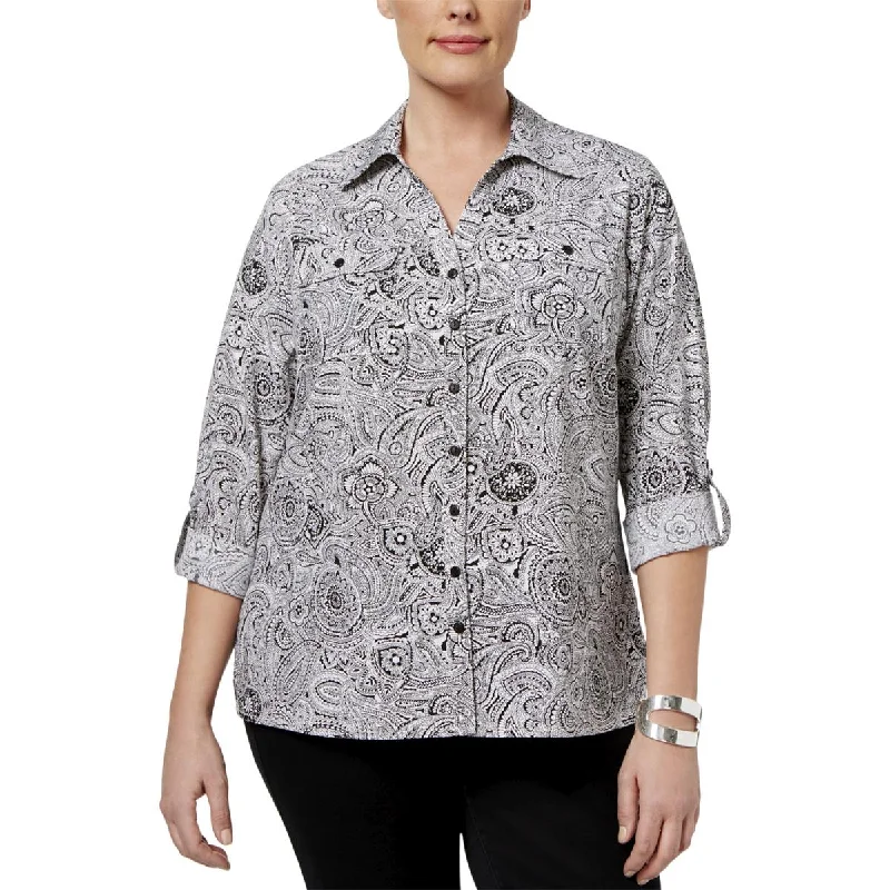 NY Collection Womens Plus Printed Utility Button-Down Top